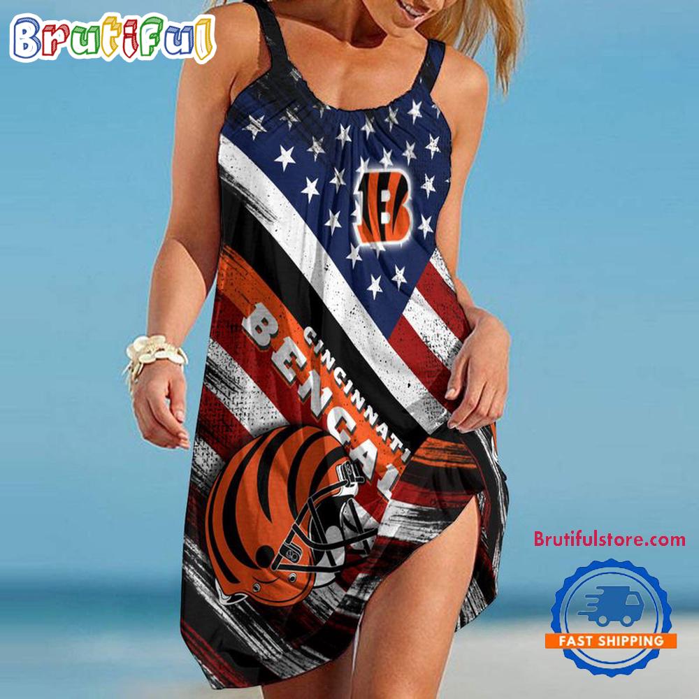 Sportswearmerch Cincinnati Bengals NFL USA Independence Day Women's Summer Beach Dress For Fan