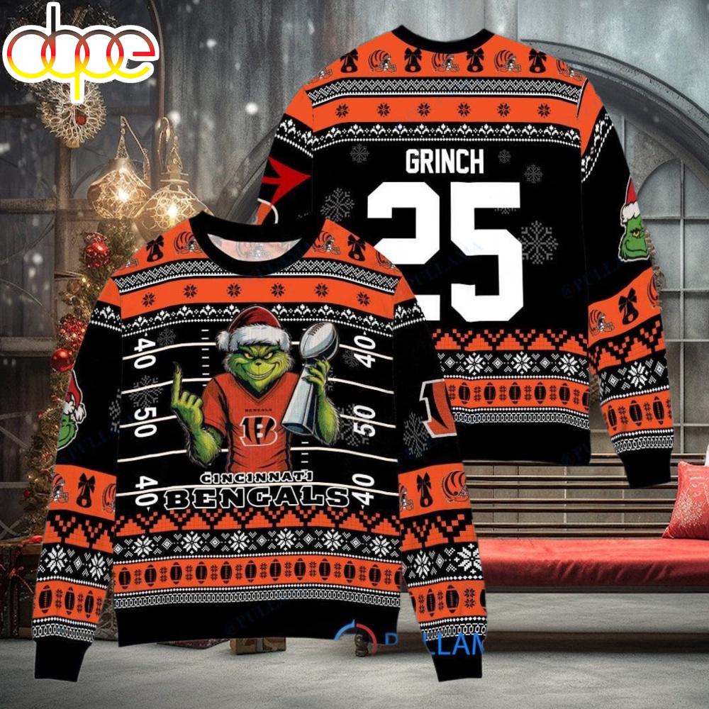 Sportswearmerch Cincinnati Bengals NFL x Grinch Super Bowl Trophy Ugly Christmas Sweater For Fan