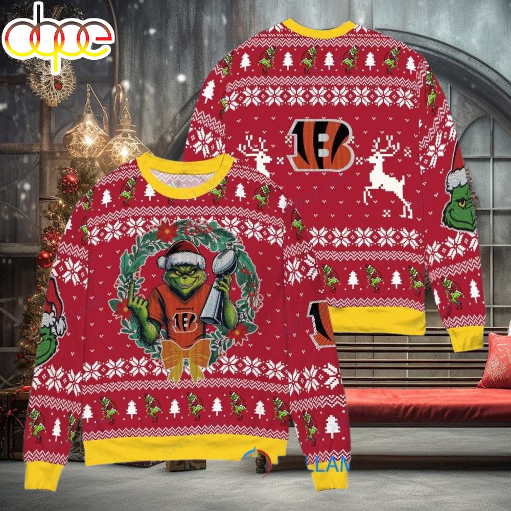 Sportswearmerch Cincinnati Bengals NFL x Grinch Super Bowl Trophy Ugly Christmas Sweater For Fan