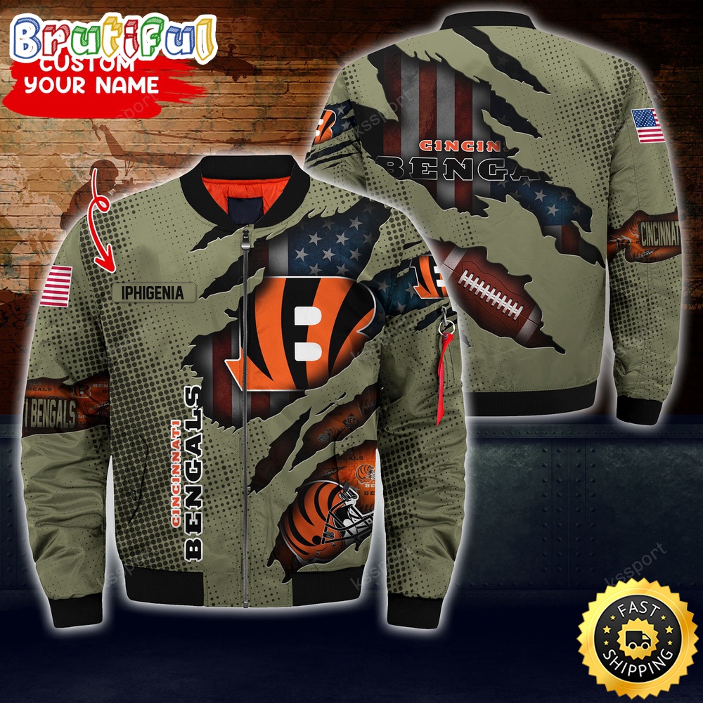 Sportswearmerch Cincinnati Bengals NFL x Iconic Bomber Look Personalized Bomber Jacket For Fan