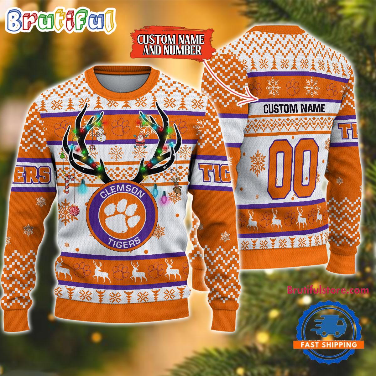 Sportswearmerch Clemson Tigers NCAA Special Reindeer Light Personalized Christmas Sweater For Fan