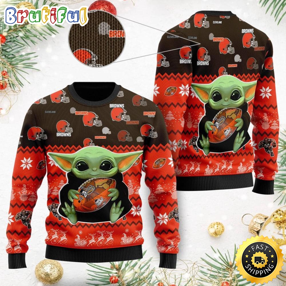 Sportswearmerch Cleveland Browns NFL Baby Yoda Personalized Christmas Sweater For Fan