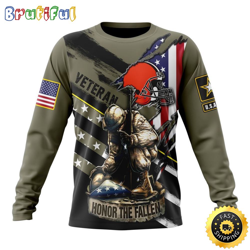 Sportswearmerch Cleveland Browns NFL Crewneck Honor Veterans Kneeling Soldier Personalized Sweater For Fan