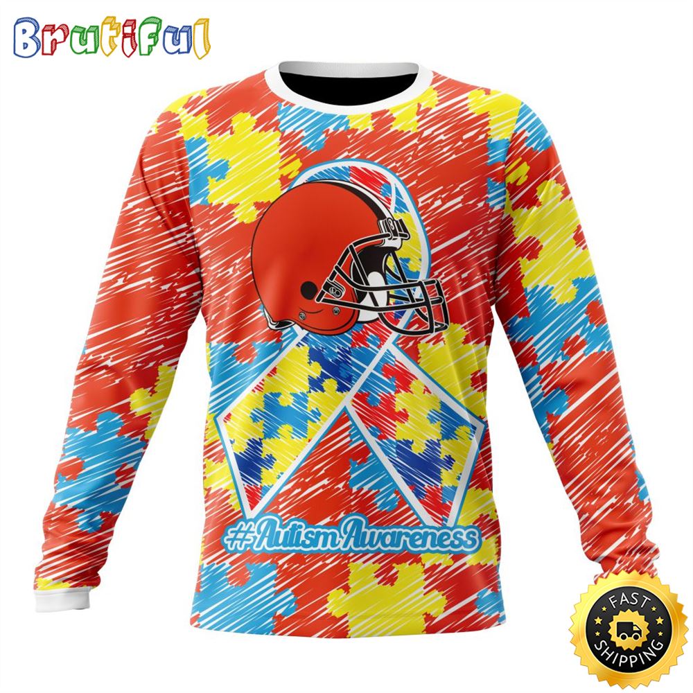 Sportswearmerch Cleveland Browns NFL Crewneck Puzzle Autism Awareness Personalized Sweater For Fan