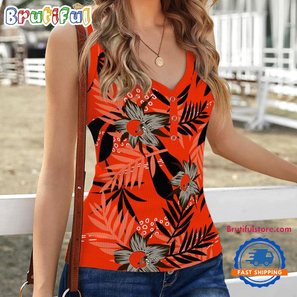 Sportswearmerch Cleveland Browns NFL Hibiscus Pattern Women's V-Neck Ribbed Tank Top For Fan