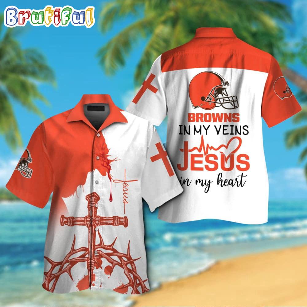 Sportswearmerch Cleveland Browns NFL In My Veins Jesus Personalized Hawaiian Shirt For Fan