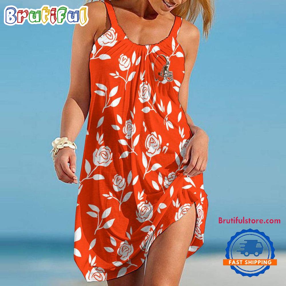Sportswearmerch Cleveland Browns NFL Rose Pattern Women’s Summer Beach Dress For Fan