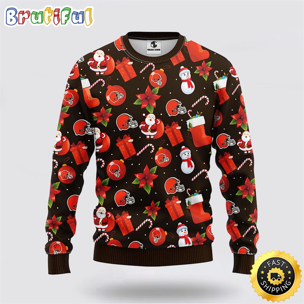 Sportswearmerch Cleveland Browns NFL Santa Claus Snowman Ugly Christmas Sweater For Fan