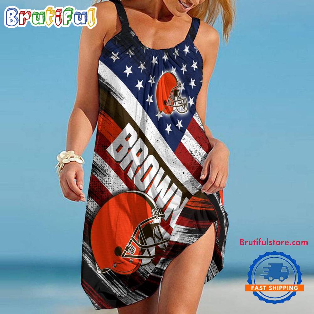 Sportswearmerch Cleveland Browns NFL USA Independence Day Women's Summer Beach Dress For Fan