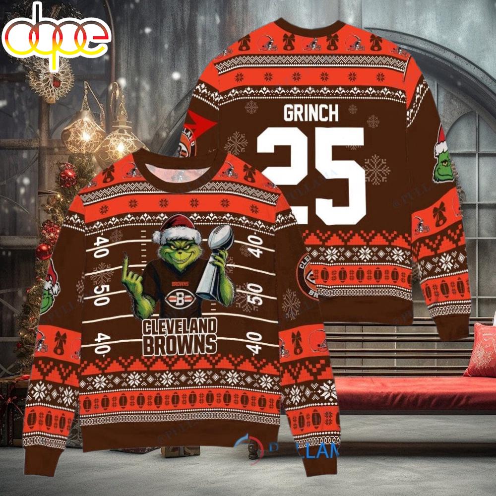 Sportswearmerch Cleveland Browns NFL x Grinch Super Bowl Trophy Ugly Christmas Sweater For Fan