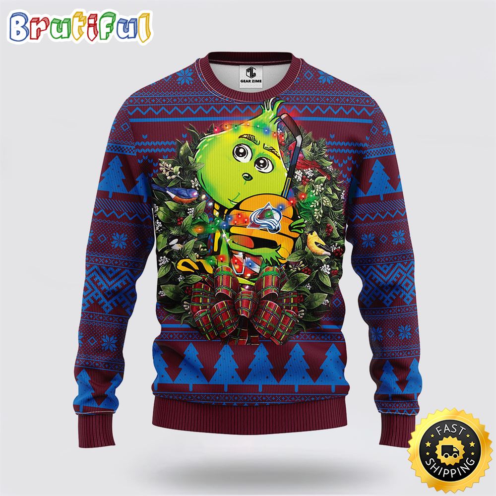 Sportswearmerch Colorado Avalanche NHL Grinch Hug Ugly Christmas Sweater For Fan