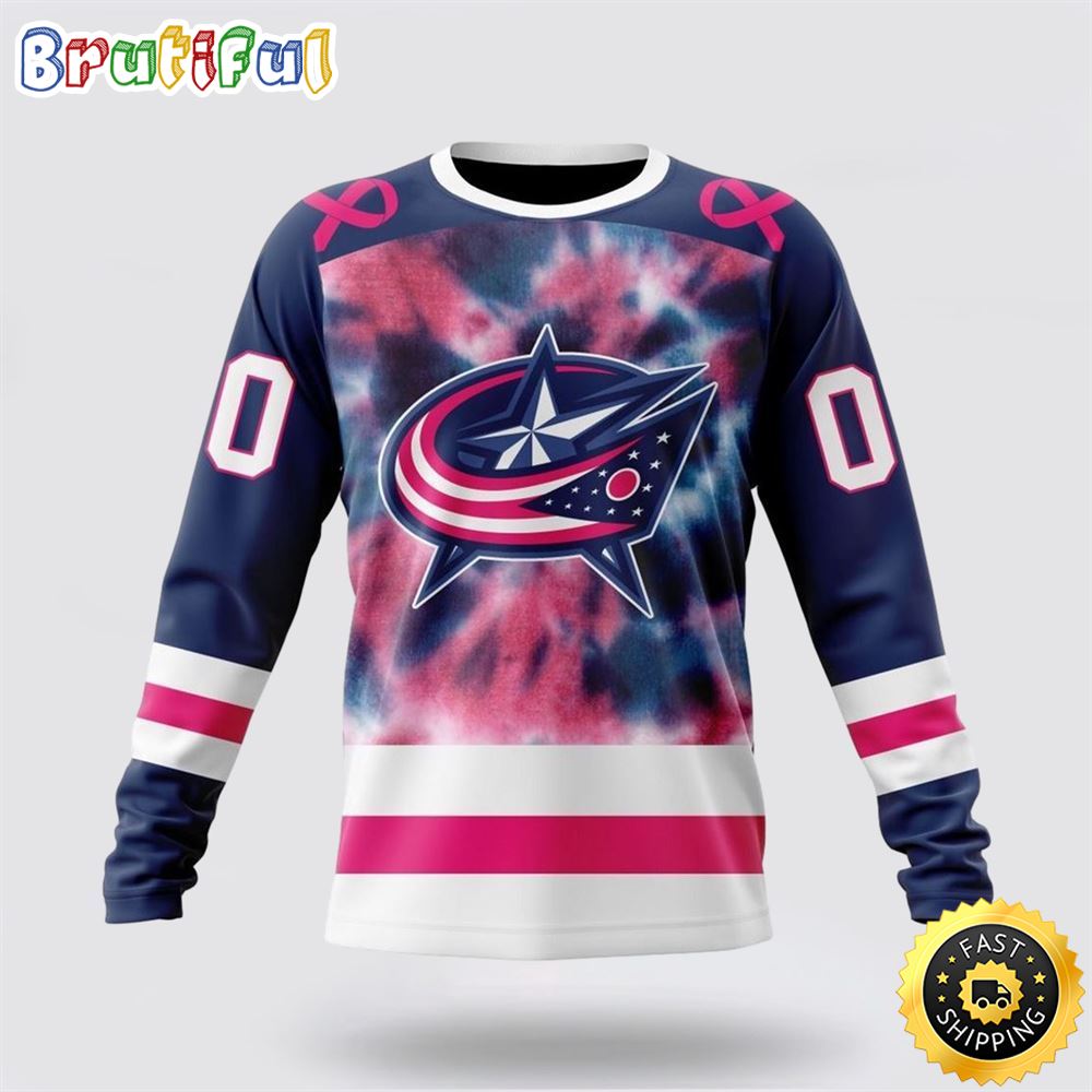 Sportswearmerch Columbus Blue Jackets NHL Crewneck Pink October Fight Breast Cancer Personalized Sweater For Fan