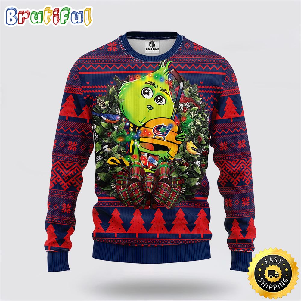 Sportswearmerch Columbus Blue Jackets NHL Grinch Hug Ugly Christmas Sweater For Fan