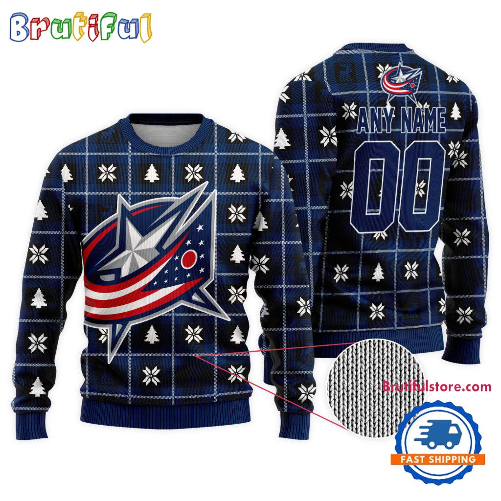 Sportswearmerch Columbus Blue Jackets NHL Personalized Snow Tree Ugly Christmas Sweater For Fan