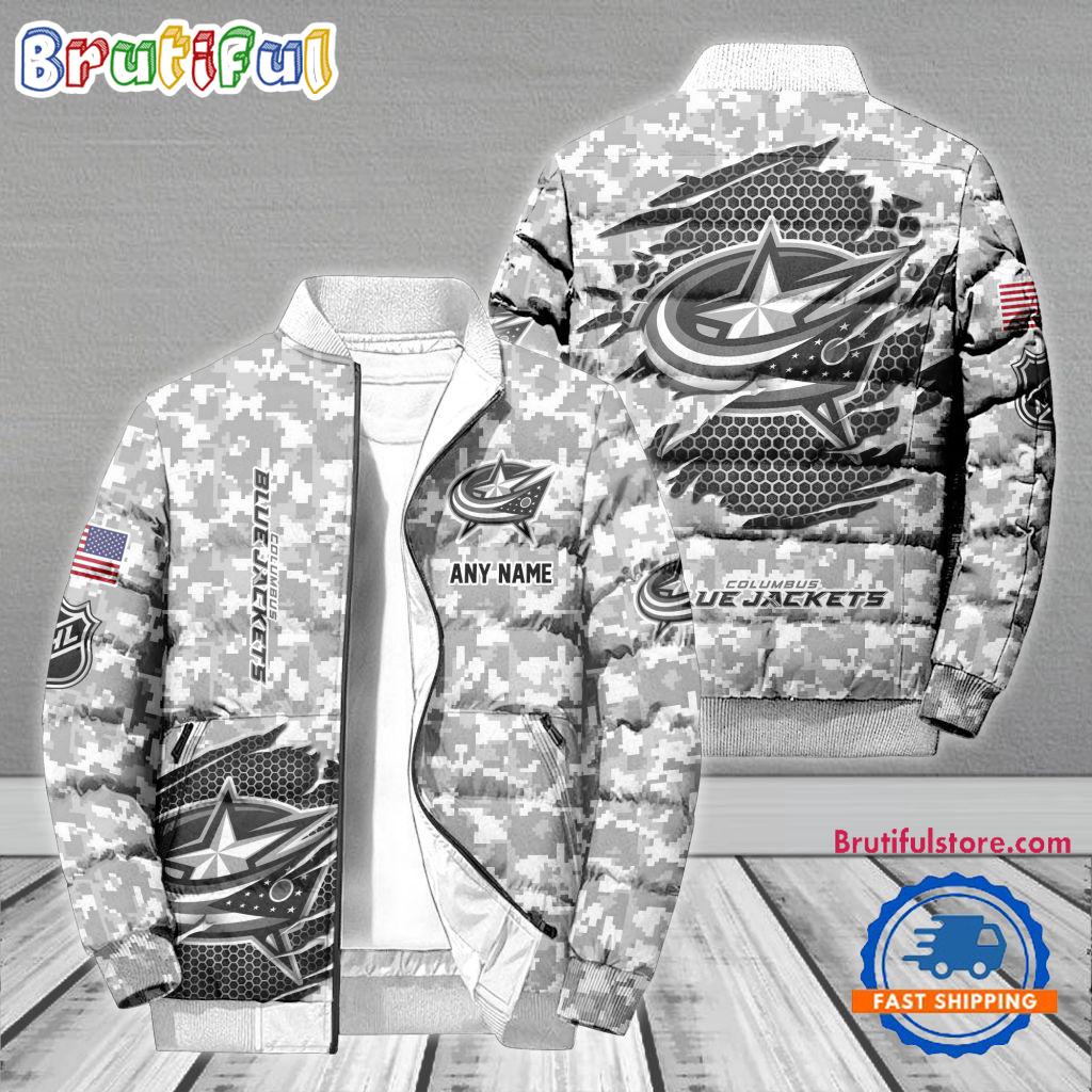 Sportswearmerch Columbus Blue Jackets NHL Special Camo Honor Veterans Puffer Jacket For Fan