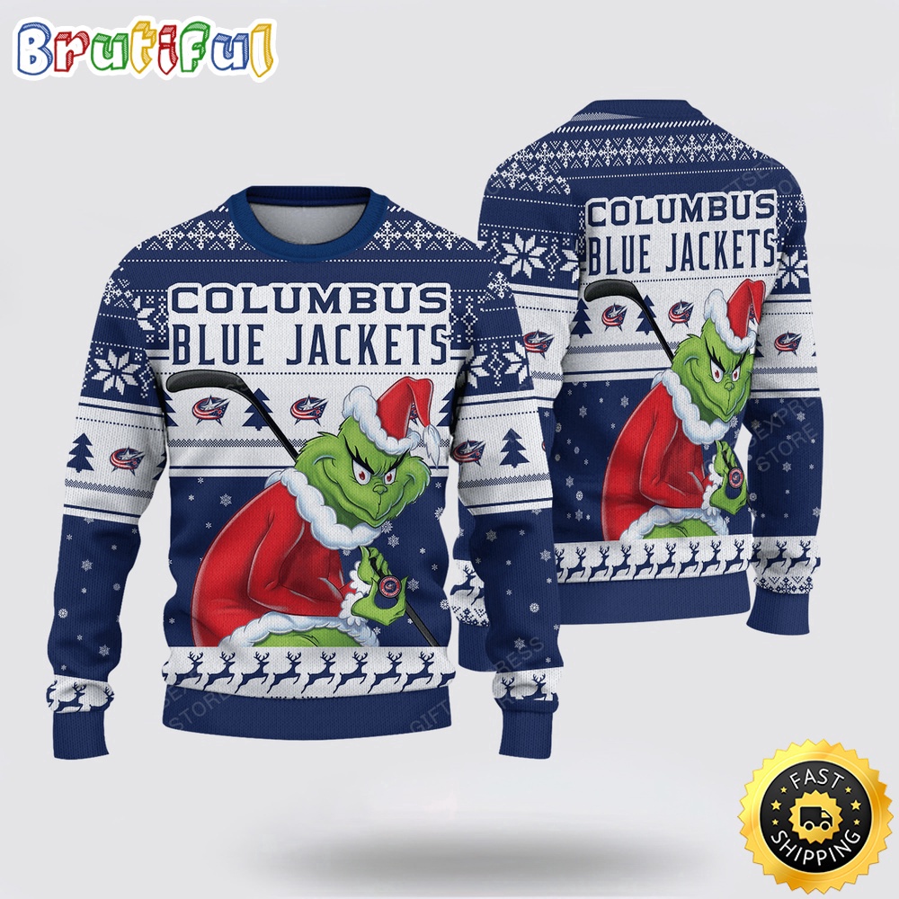 Sportswearmerch Columbus Blue Jackets NHL Sweater Grinch Personalized Christmas Sweater For Fan