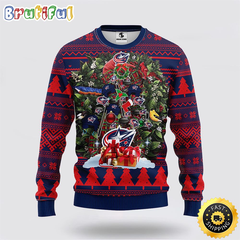 Sportswearmerch Columbus Blue Jackets NHL Tree Ugly Christmas Fleece Sweater For Fan