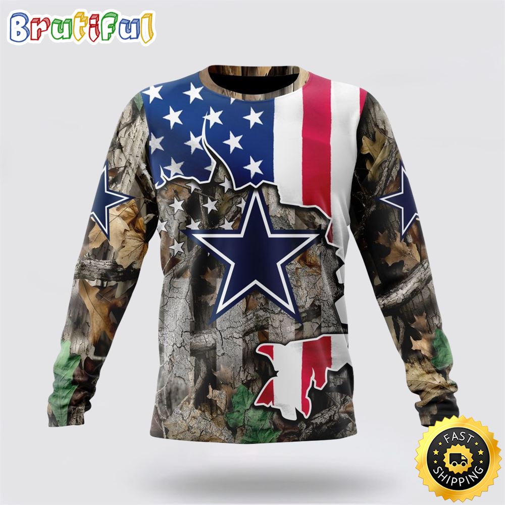 Sportswearmerch Dallas Cowboys NFL Crewneck USA Flag Camo Realtree Hunting Personalized Sweater For Fan