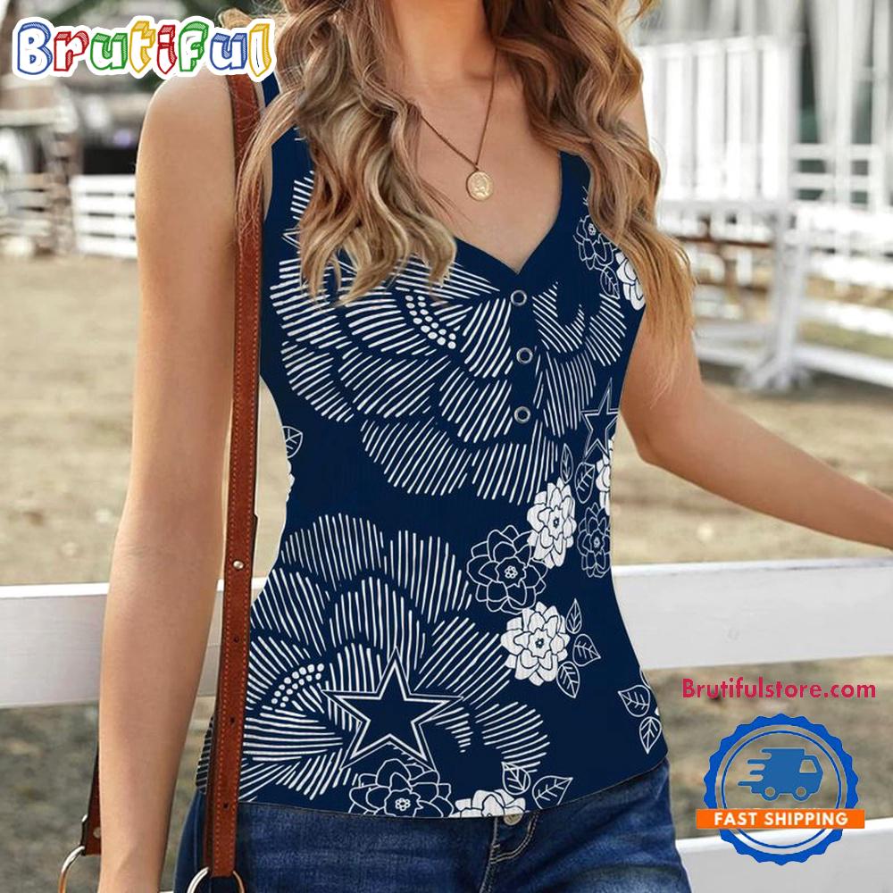 Sportswearmerch Dallas Cowboys NFL Flower Pattern Women's V-Neck Ribbed Tank Top For Fan