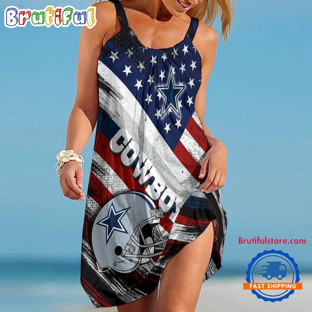 Sportswearmerch Dallas Cowboys NFL USA Independence Day Women's Summer Beach Dress For Fan