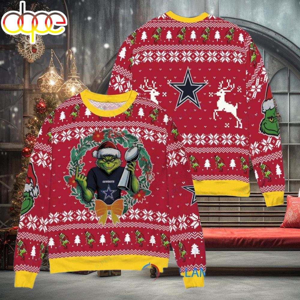Sportswearmerch Dallas Cowboys NFL x Grinch Super Bowl Trophy Ugly Christmas Sweater For Fan
