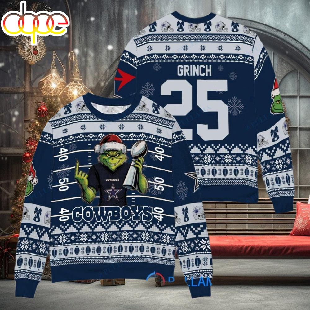 Sportswearmerch Dallas Cowboys NFL x Grinch Super Bowl Trophy Ugly Christmas Sweater For Fan