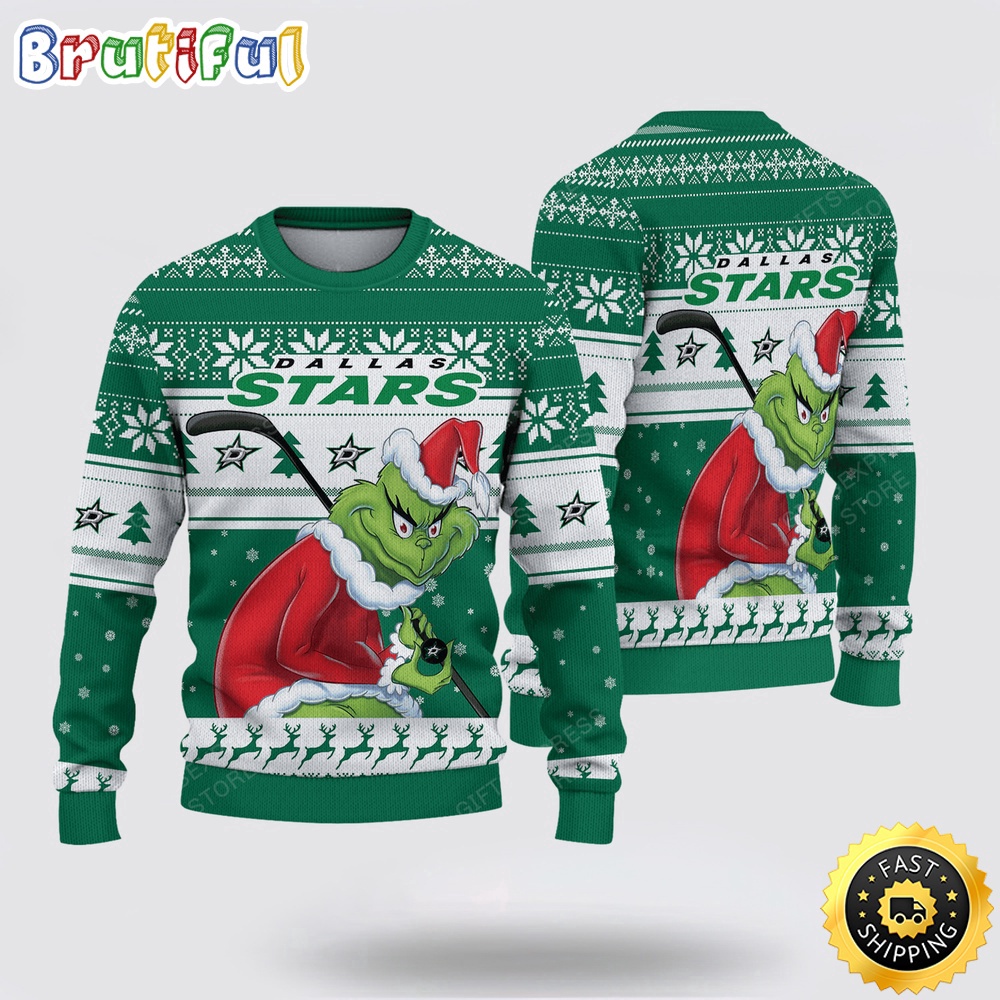 Sportswearmerch Dallas Stars NHL Sweater Grinch Personalized Christmas Sweater For Fan