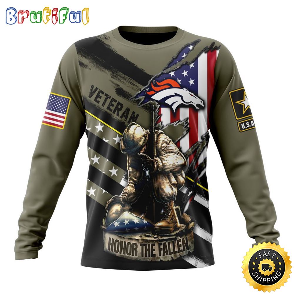 Sportswearmerch Denver Broncos NFL Crewneck Honor Veterans Kneeling Soldier Personalized Sweater For Fan