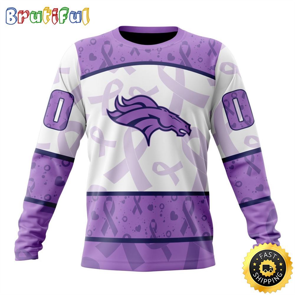 Sportswearmerch Denver Broncos NFL Crewneck Lavender Fights Cancer Personalized Sweater For Fan