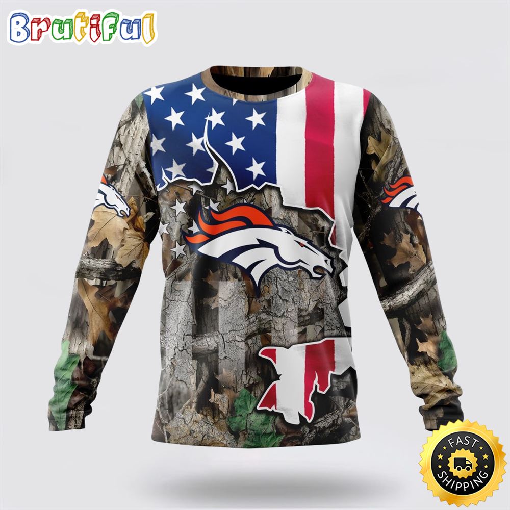 Sportswearmerch Denver Broncos NFL Crewneck USA Flag Camo Realtree Hunting Personalized Sweater For Fan