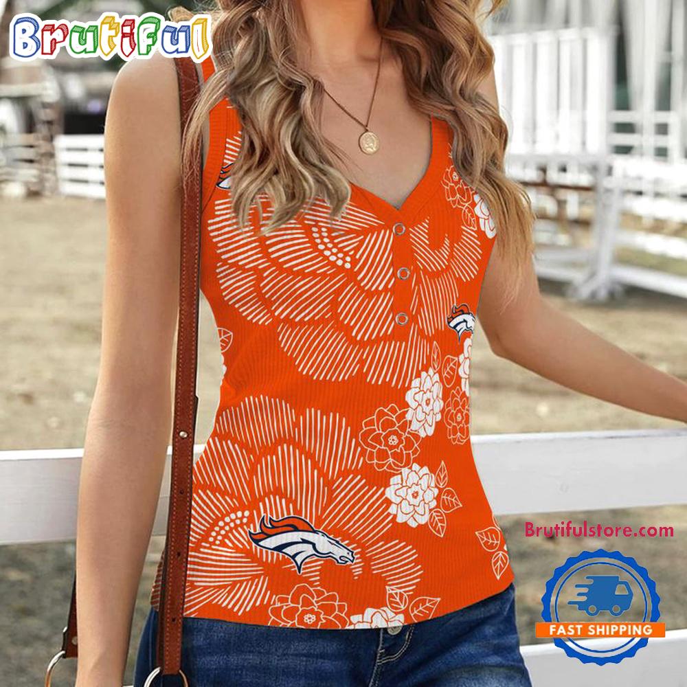 Sportswearmerch Denver Broncos NFL Flower Pattern Women's V-Neck Ribbed Tank Top For Fan