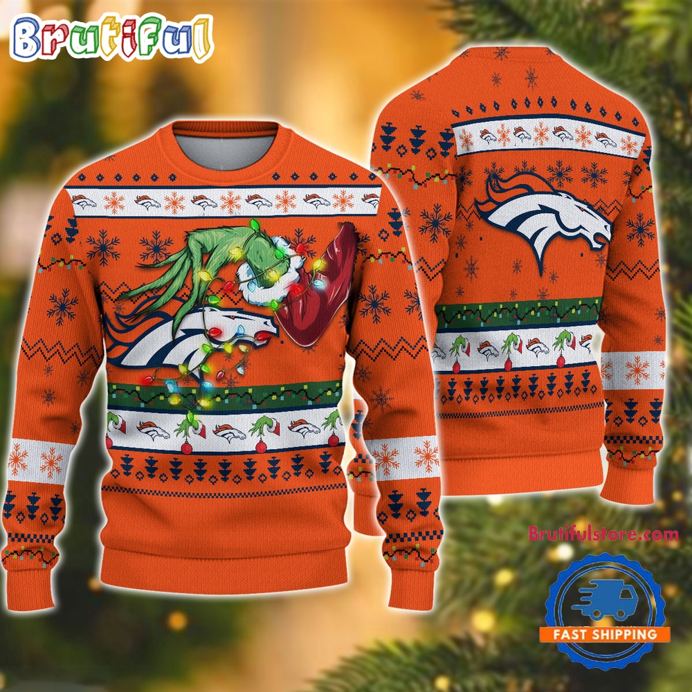 Sportswearmerch Denver Broncos NFL Special Grinch's Hand Football Christmas Sweater For Fan