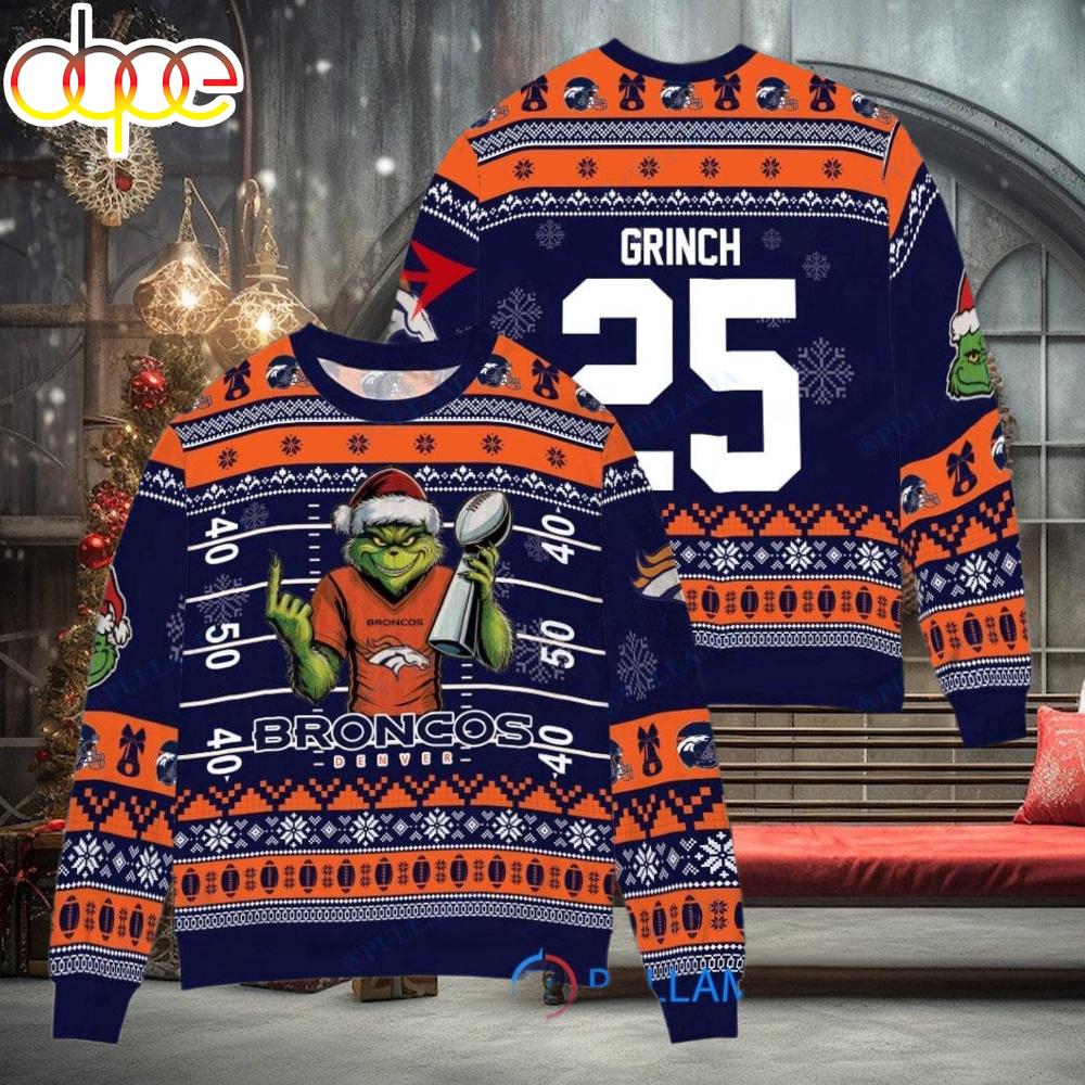 Sportswearmerch Denver Broncos NFL x Grinch Super Bowl Trophy Ugly Christmas Sweater For Fan