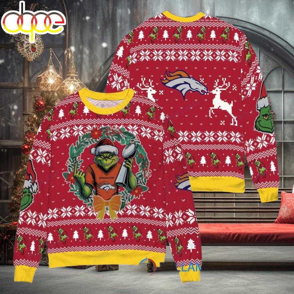 Sportswearmerch Denver Broncos NFL x Grinch Super Bowl Trophy Ugly Christmas Sweater For Fan