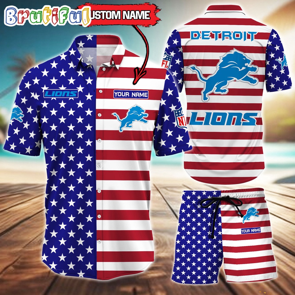 Sportswearmerch Detroit Lions NFL American Flag Personalized Set Short Set For Fan