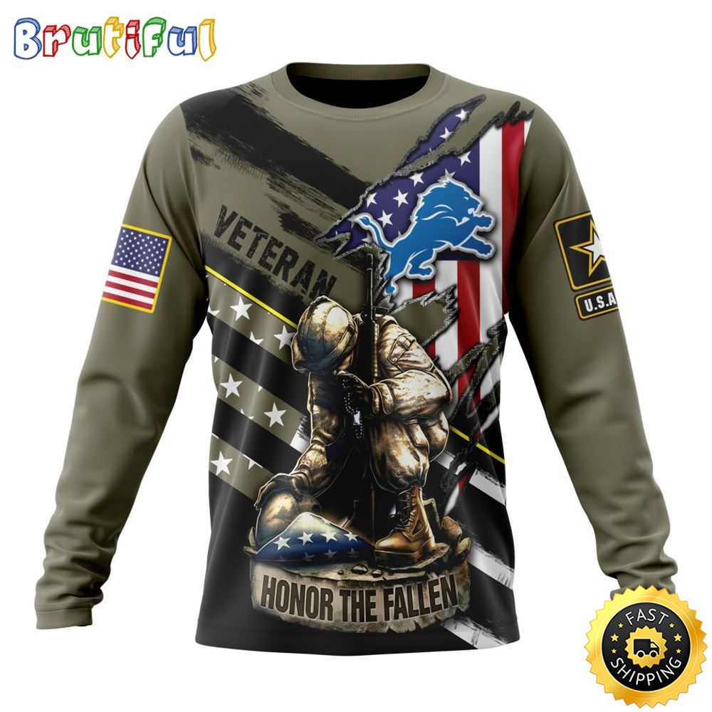 Sportswearmerch Detroit Lions NFL Crewneck Honor Veterans Kneeling Soldier Personalized Sweater For Fan