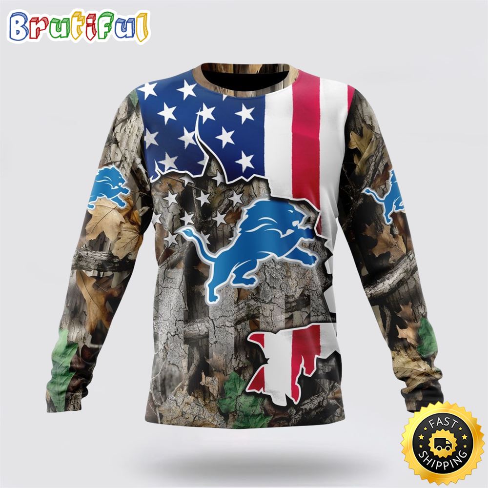 Sportswearmerch Detroit Lions NFL Crewneck USA Flag Camo Realtree Hunting Personalized Sweater For Fan