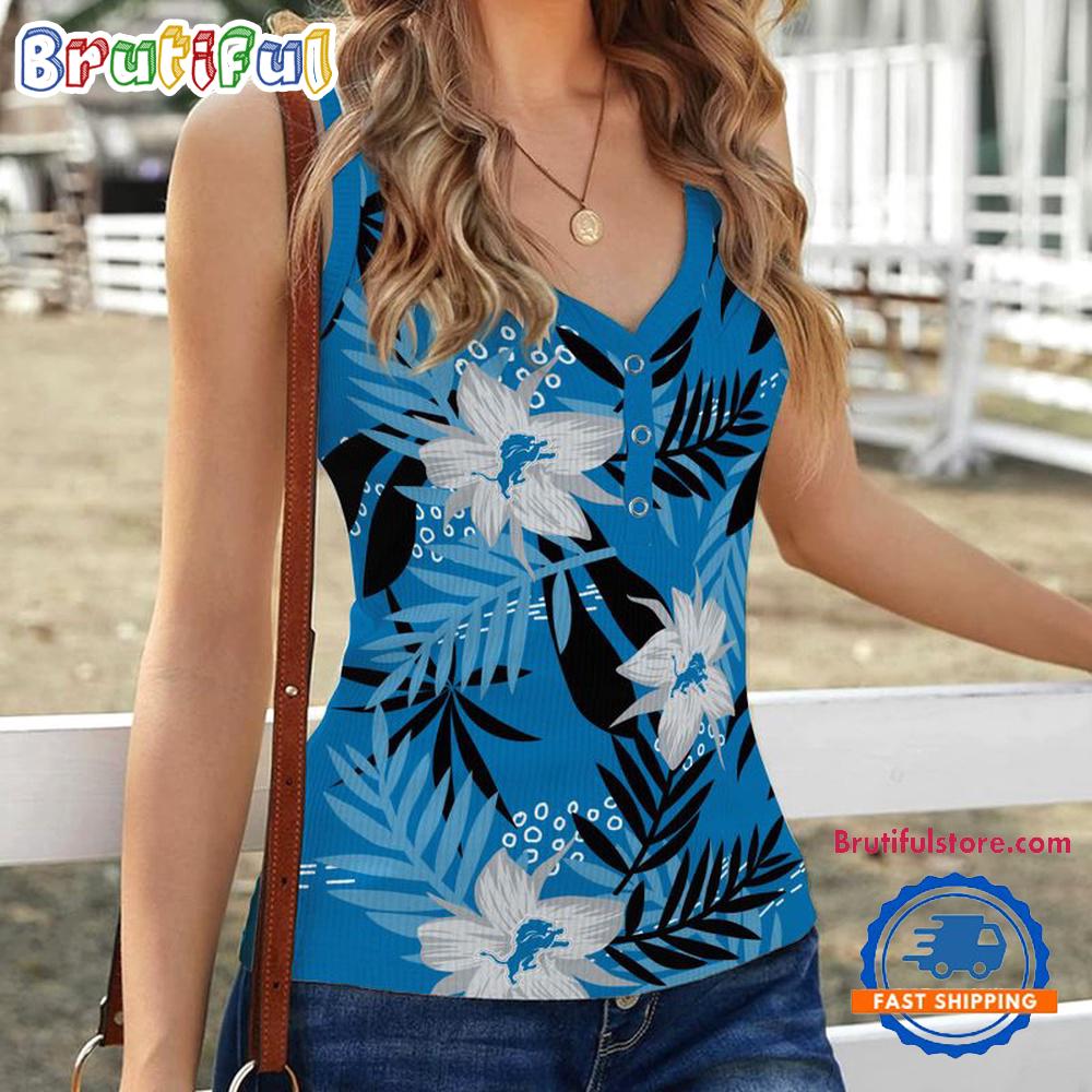 Sportswearmerch Detroit Lions NFL Hibiscus Pattern Women's V-Neck Ribbed Tank Top For Fan