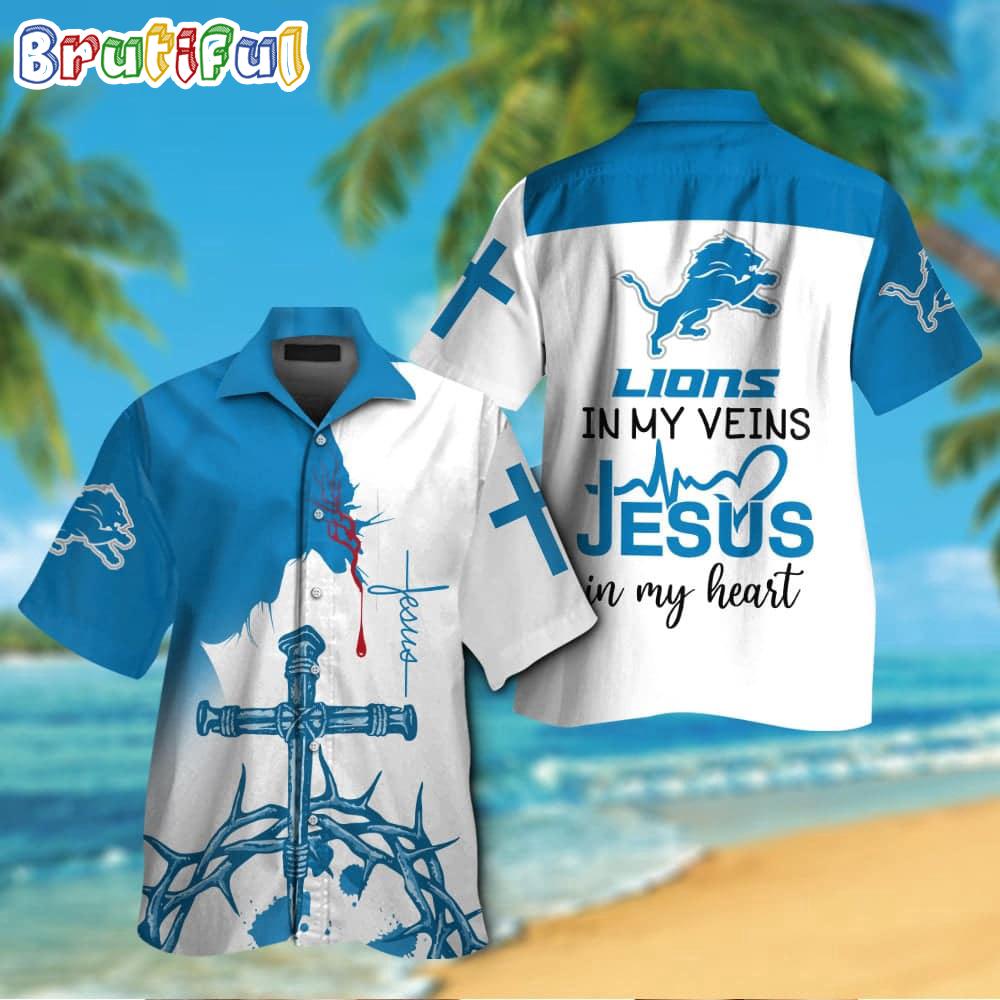 Sportswearmerch Detroit Lions NFL In My Veins Jesus Personalized Hawaiian Shirt For Fan