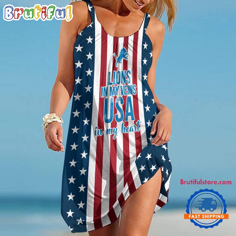 Sportswearmerch Detroit Lions NFL Independence Day Women's Summer Beach Dress For Fan