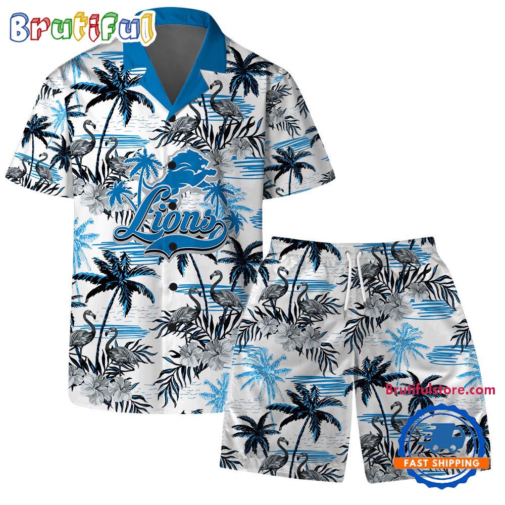 Sportswearmerch Detroit Lions NFL Pattern Flamingo Hibiscus Summer Personalized Set Short Set For Fan