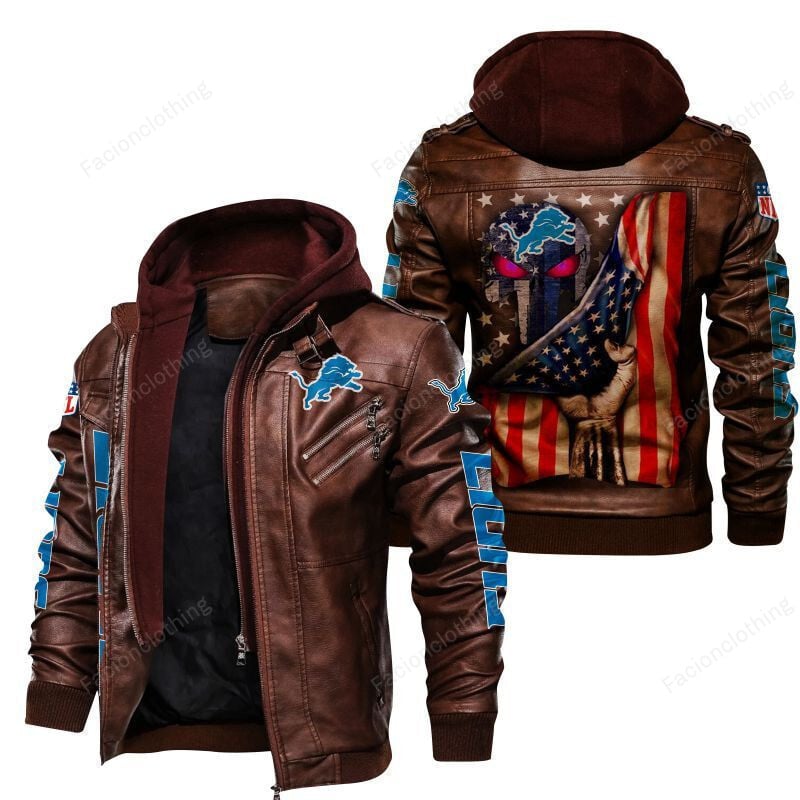Sportswearmerch Detroit Lions NFL Personalized Zip Hoodie Leather Bomber For Fan