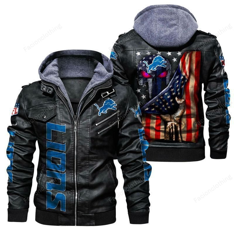 Sportswearmerch Detroit Lions NFL Personalized Zip Hoodie Leather Bomber For Fan