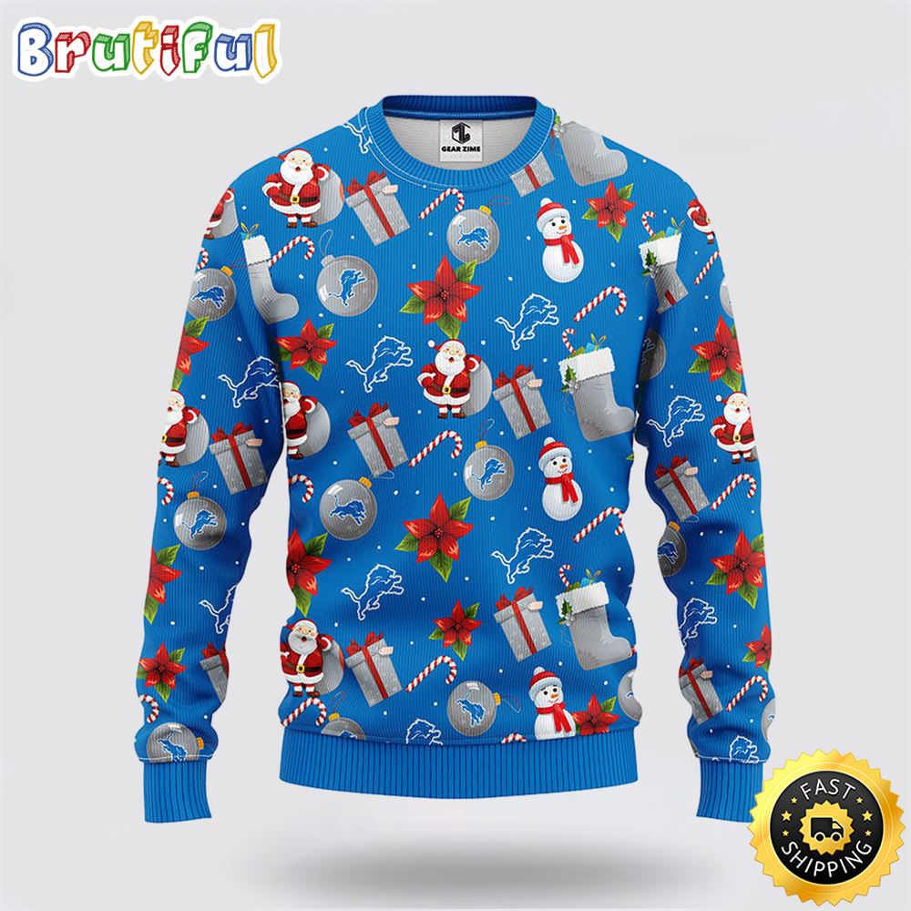 Sportswearmerch Detroit Lions NFL Santa Claus Snowman Ugly Christmas Sweater For Fan