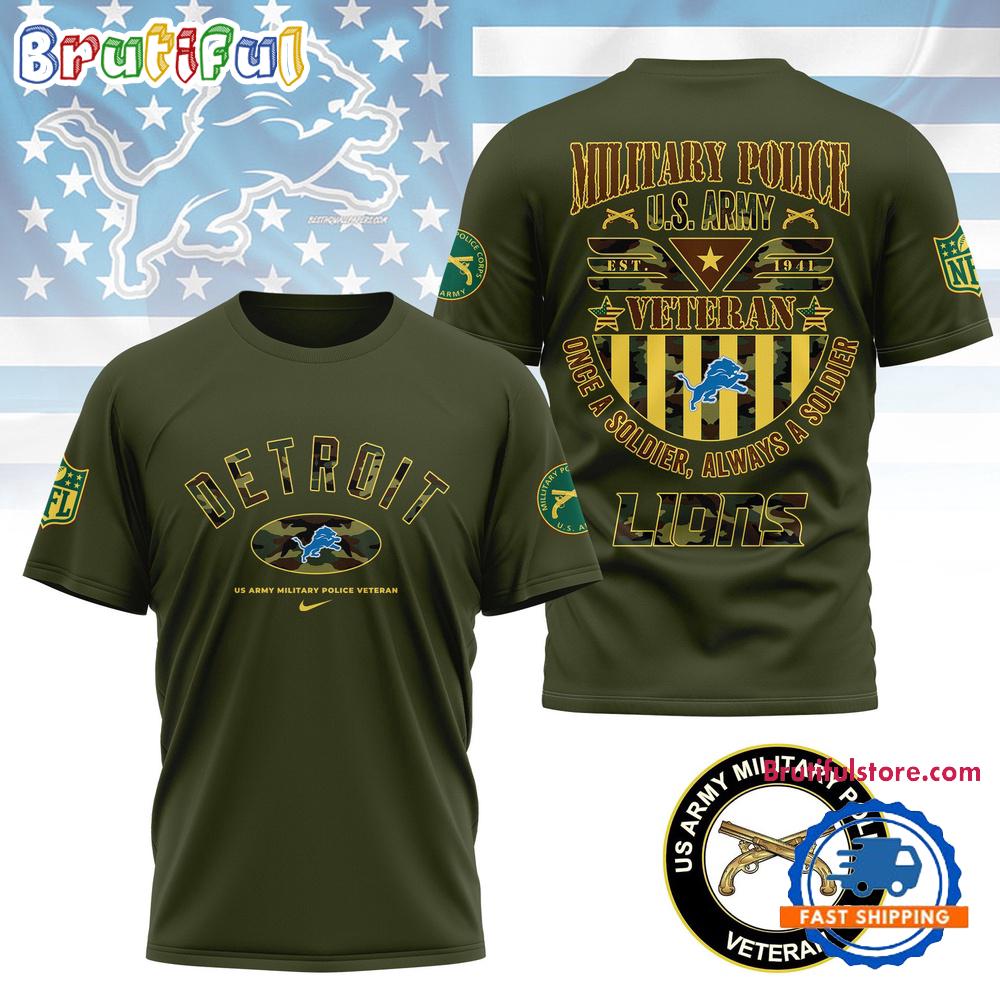 Sportswearmerch Detroit Lions NFL US Army Military Police Veteran All Over PrinT-Shirt For Fan