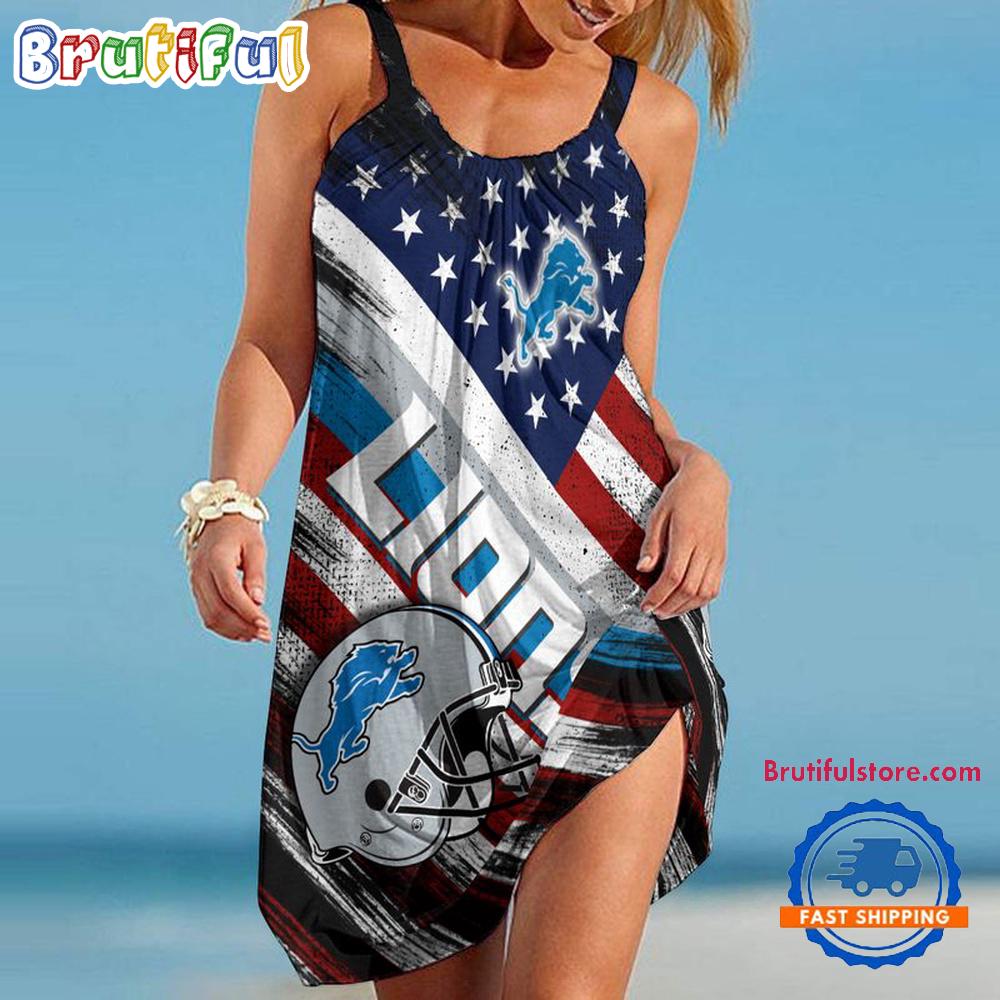 Sportswearmerch Detroit Lions NFL USA Independence Day Women's Summer Beach Dress For Fan