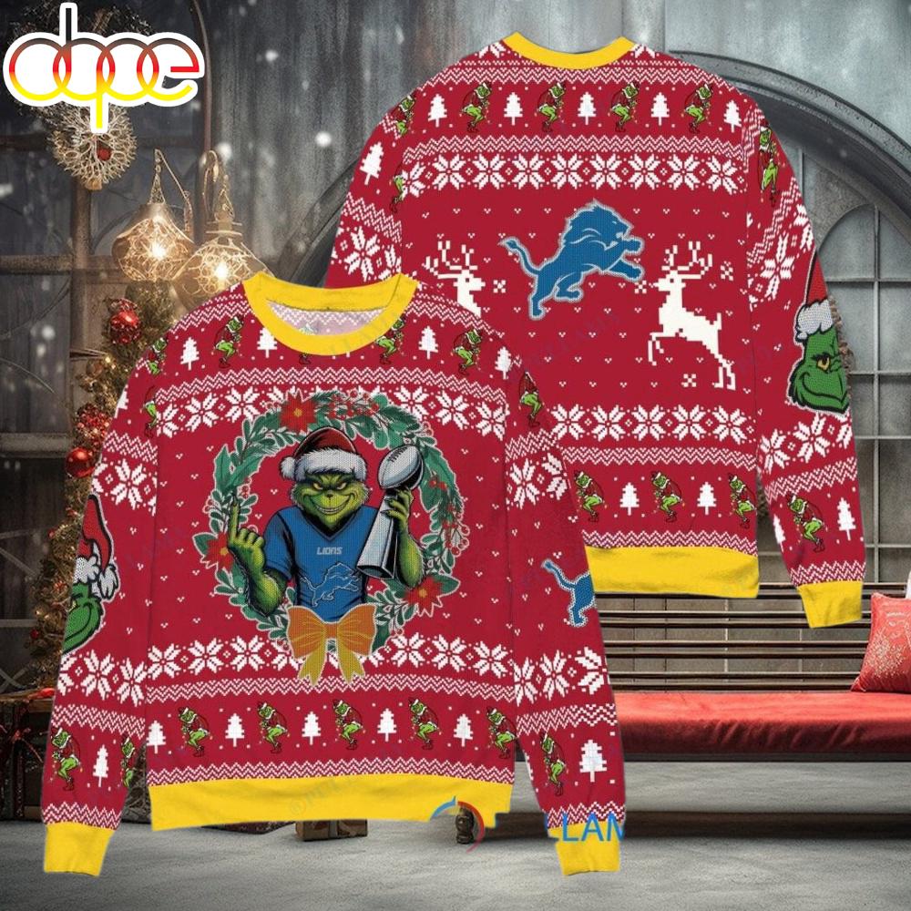 Sportswearmerch Detroit Lions NFL x Grinch Super Bowl Trophy Ugly Christmas Sweater For Fan