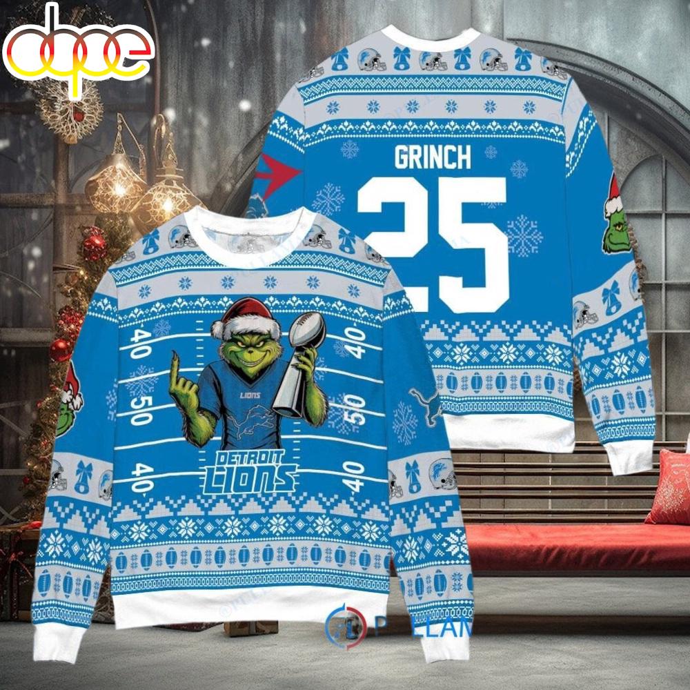 Sportswearmerch Detroit Lions NFL x Grinch Super Bowl Trophy Ugly Christmas Sweater For Fan