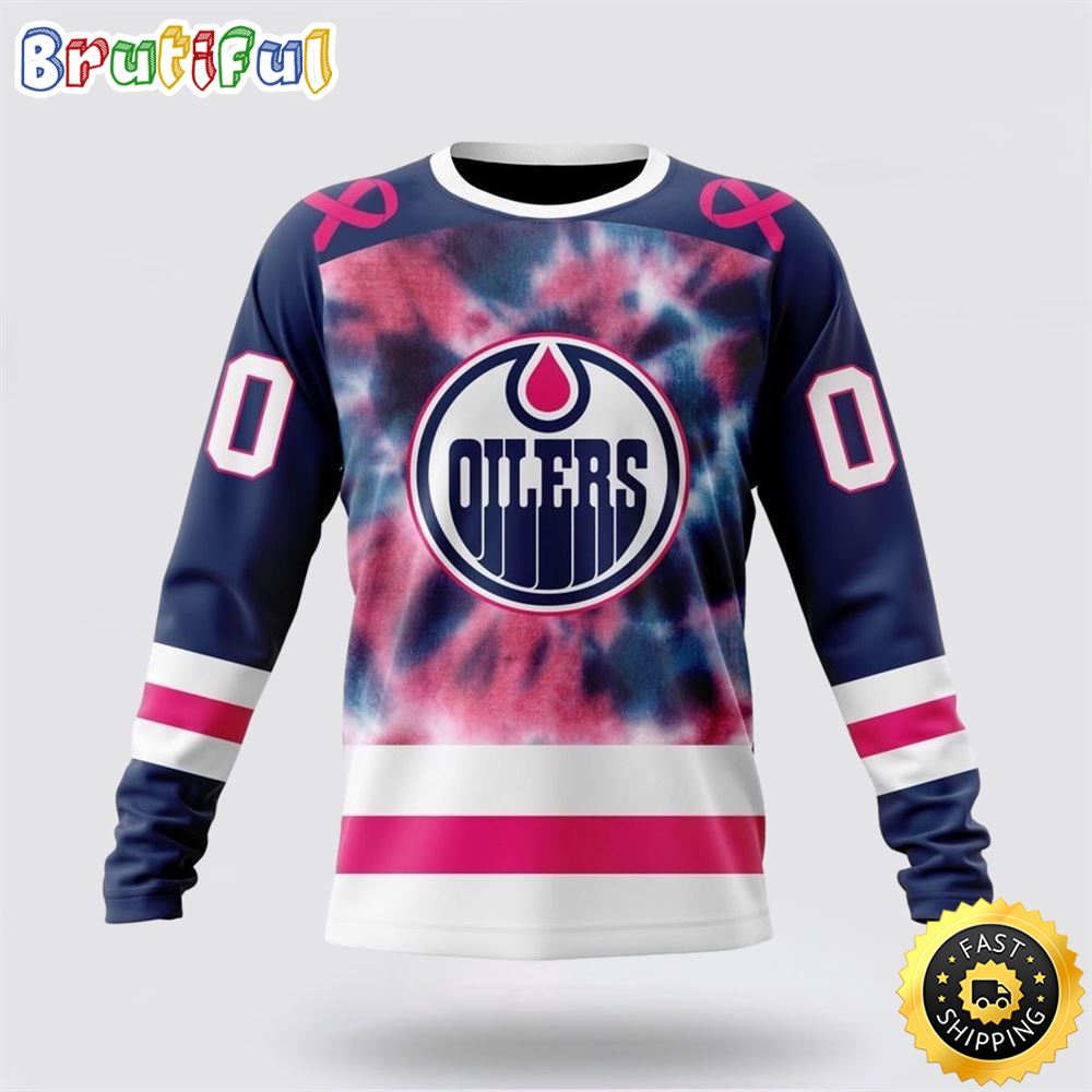 Sportswearmerch Edmonton Oilers NHL Crewneck Pink October Fight Breast Cancer Personalized Sweater For Fan
