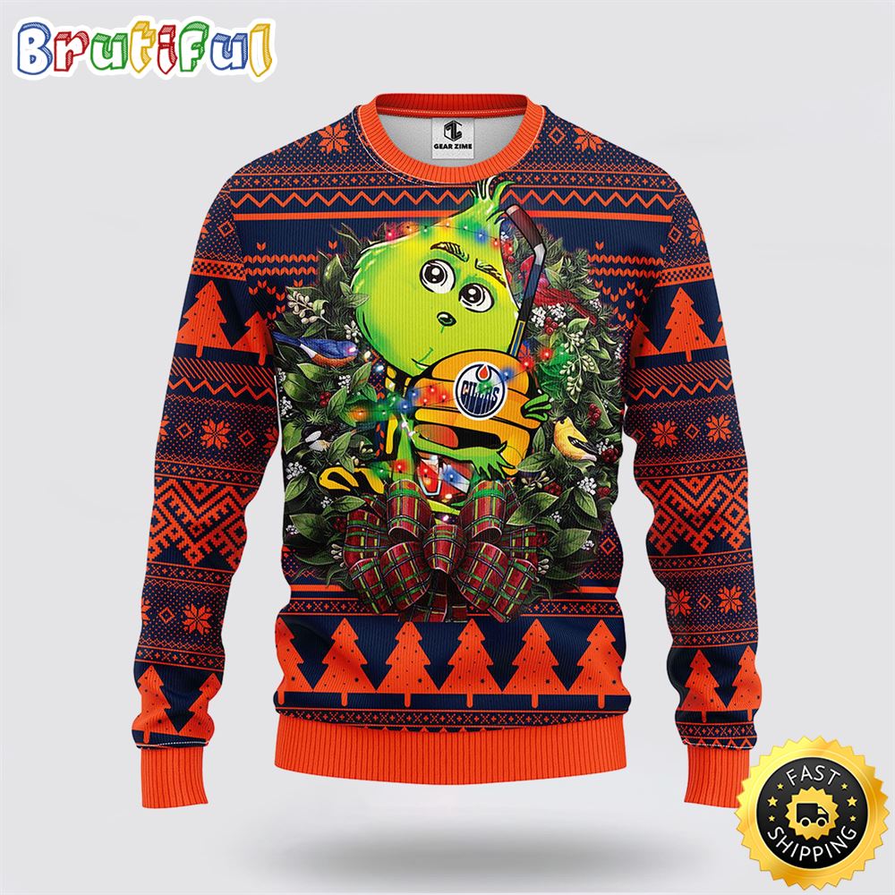 Sportswearmerch Edmonton Oilers NHL Grinch Hug Ugly Christmas Sweater For Fan